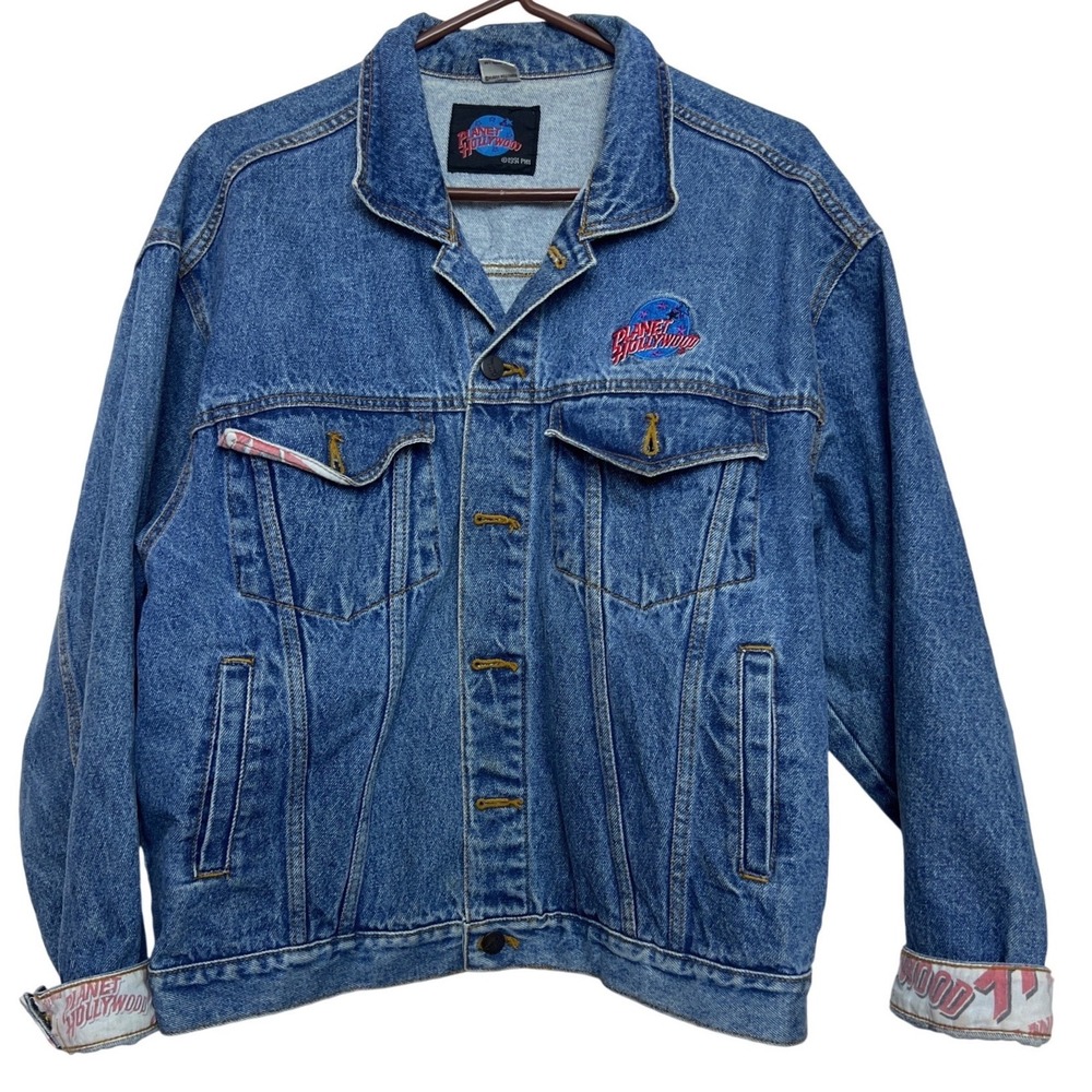 VTG Planet Hollywood Denim Jacket Vintage‎ 1991 Embroidered Logo Blue Cotton LG